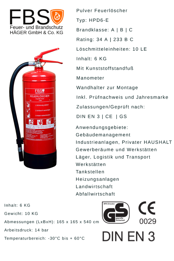 Paket] ANDRIS® Feuerlöscher 6kg ABC Pulver 10 LE auch für Handwerk, Gewerbe  und Industrie geeignet inkl. Prüfnachweis