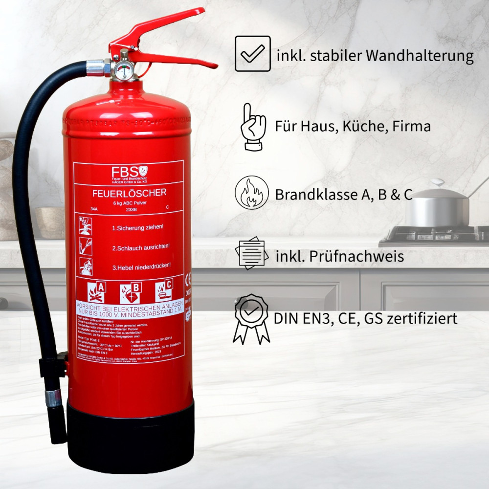 Paket] ANDRIS® Feuerlöscher 6kg ABC Pulver 10 LE auch für Handwerk, Gewerbe  und Industrie geeignet inkl. Prüfnachweis